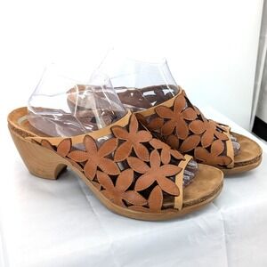 Leather Floral Cutout Clog Sandals Brown Slide Comfort Wood Heel Size 42